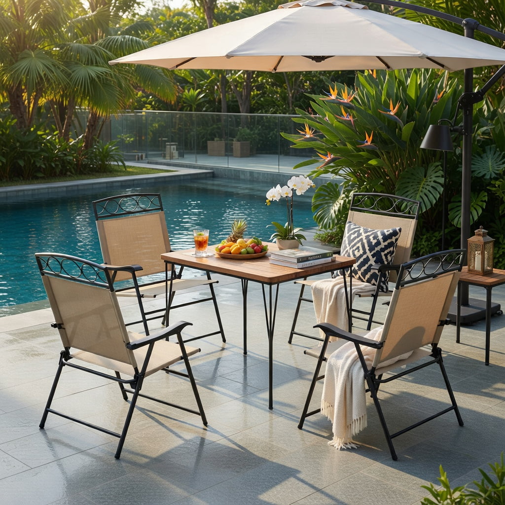 Hommoo 4-Pack Folding Patio Chairs with Armrests, Heavy-Duty Outdoor Dining Chairs, Ergonomic 105° Backrest, Beige