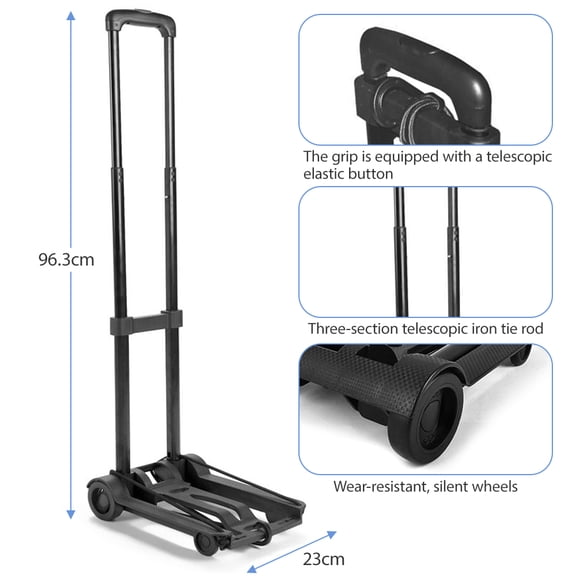 M Buder Folding Luggage Cart 2 Wheels Heavy Duty Collapsible Hand Truck Portable Foldable Trolley for Moving Shopping and Travel, Compact Utility Dolly, Black