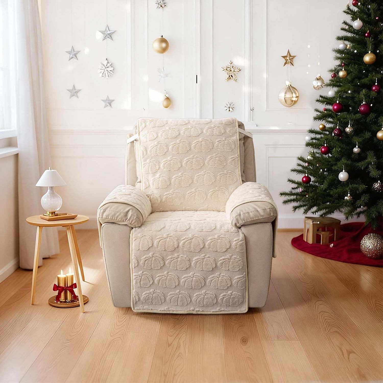 TOPCHANCES Plush Recliner Chair Cover, Faux Rabbit Fur 1-Seater Sofa Cover, Washable Armchair Protector with Adjustable Elastic Belt for 23 Inches Recliner (Off-white)