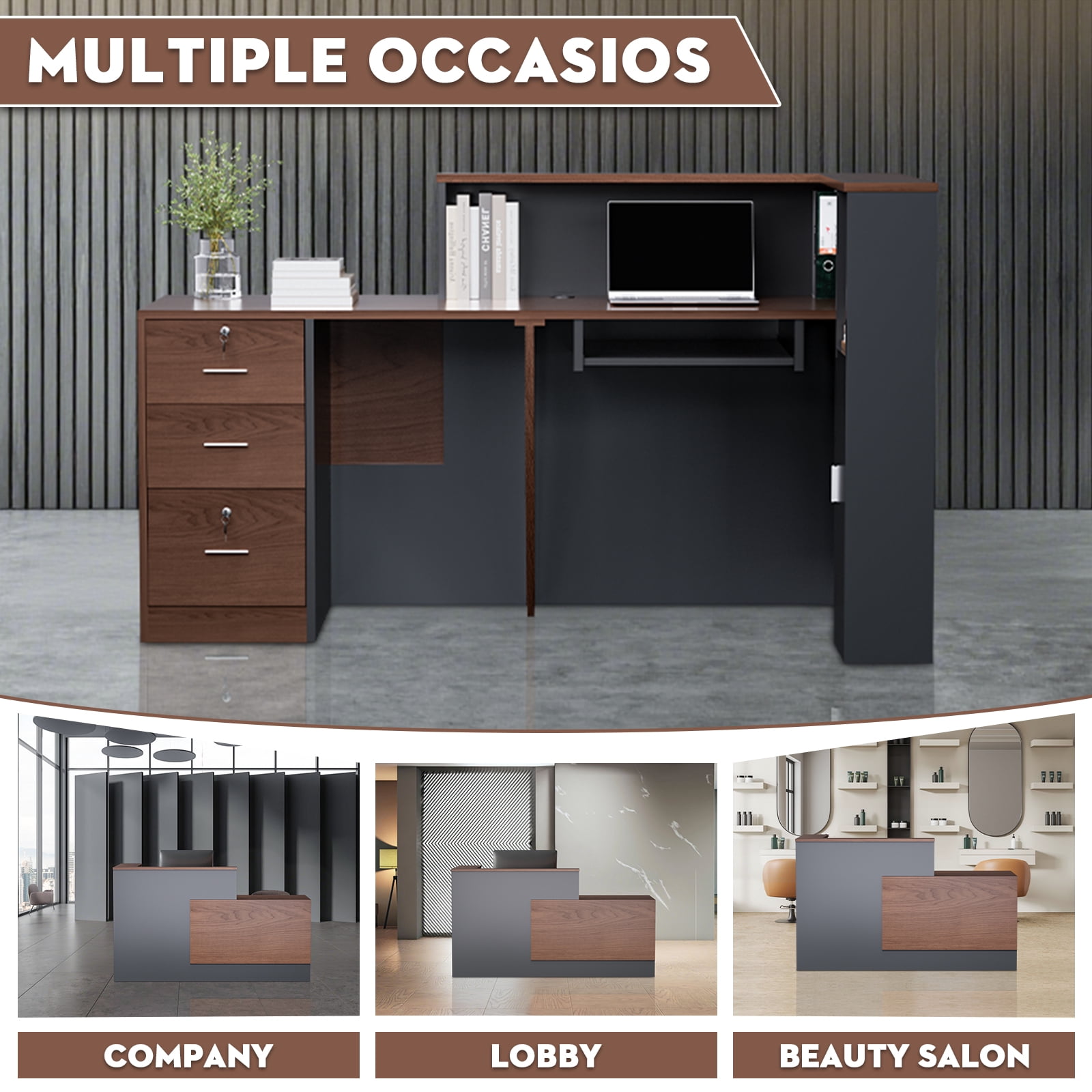 Vakiorn Reception Desk L Shaped Lockable Drawers Keyboard Tray Front Counter Table for Office Salon Lobby Walnut Right 71 inch