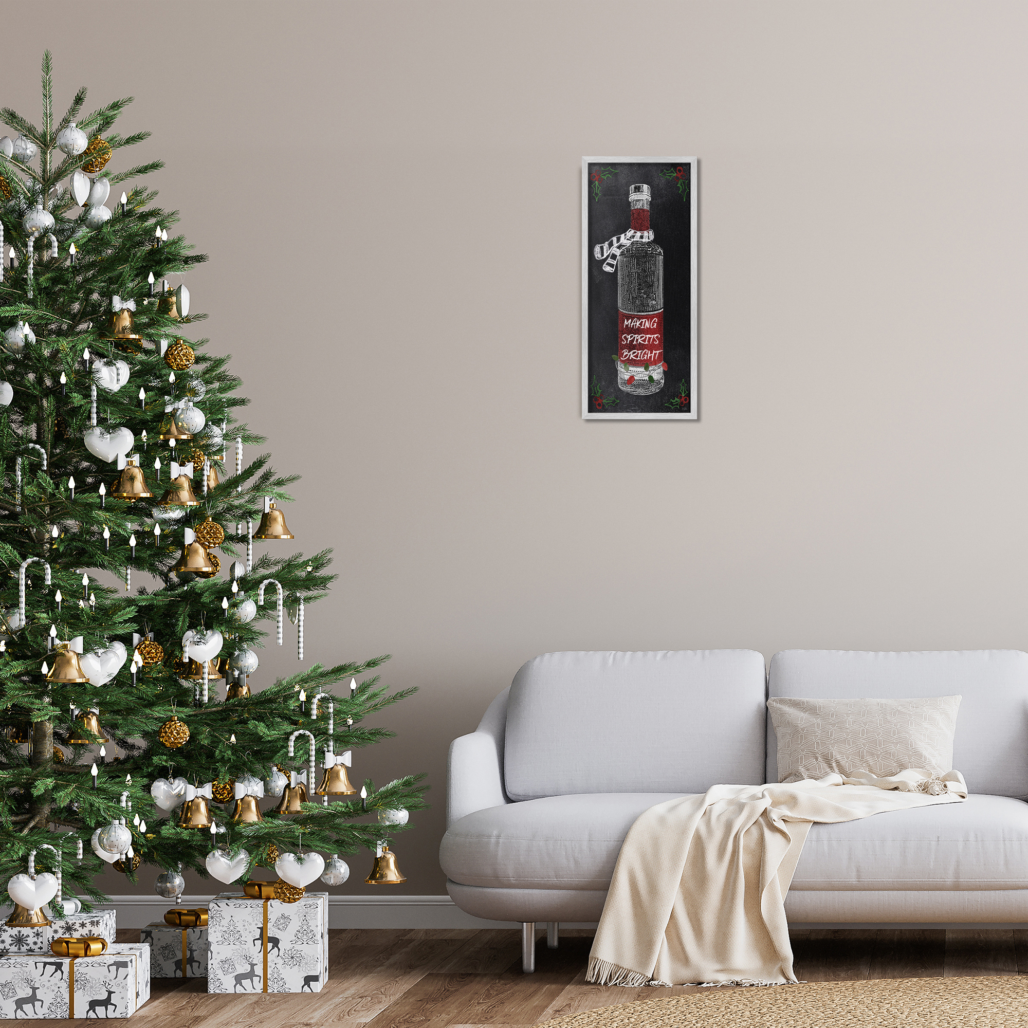 Stupell Industries Making Spirits Bright Bottle Holiday Painting Gray Framed Art Prints Wall Art, 10 x 24