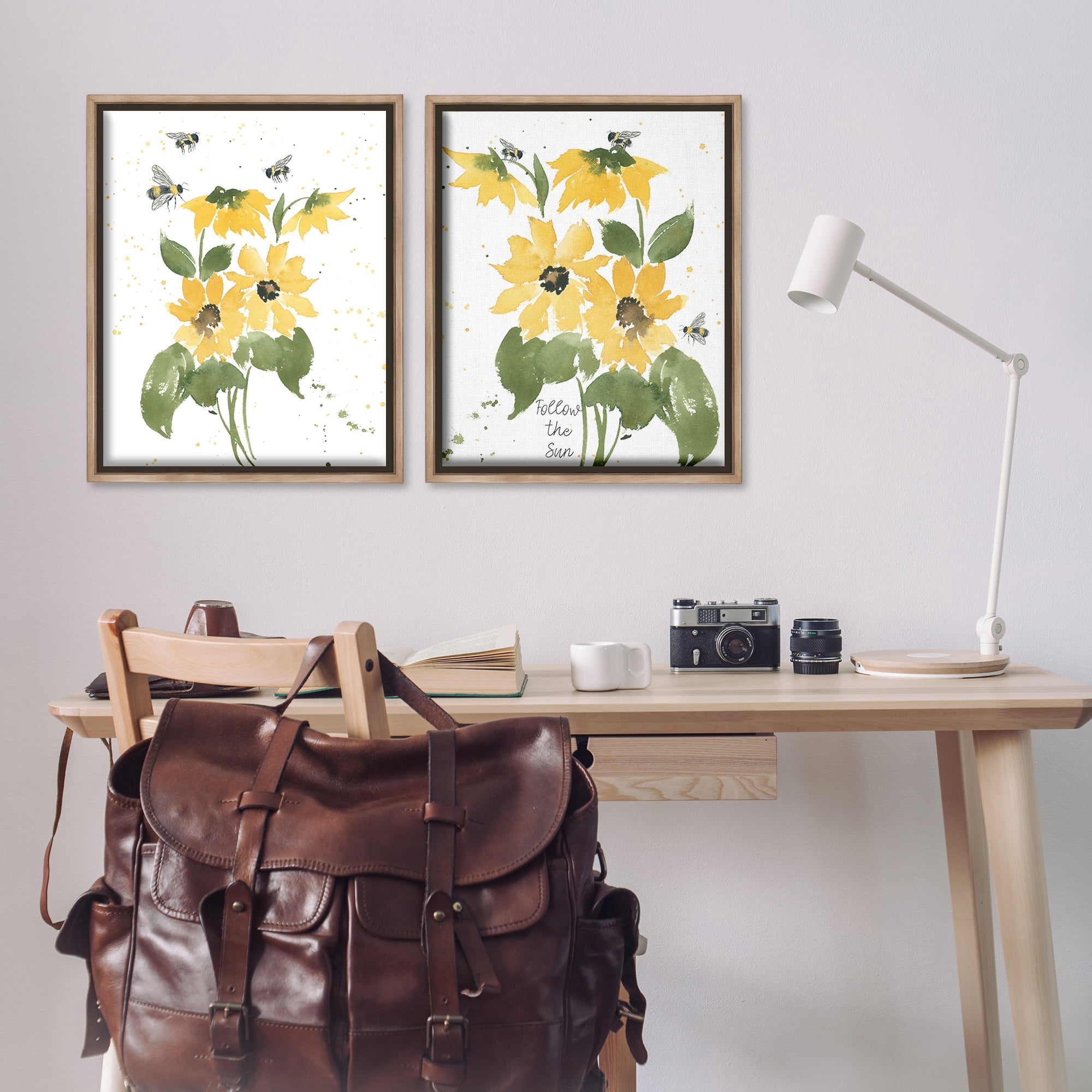 Stupell Industries Follow the Sun Flowers Plants & Flowers Painting Brown Floater Framed Canvas Art Print Wall Art, 31 x 25, Set of 2