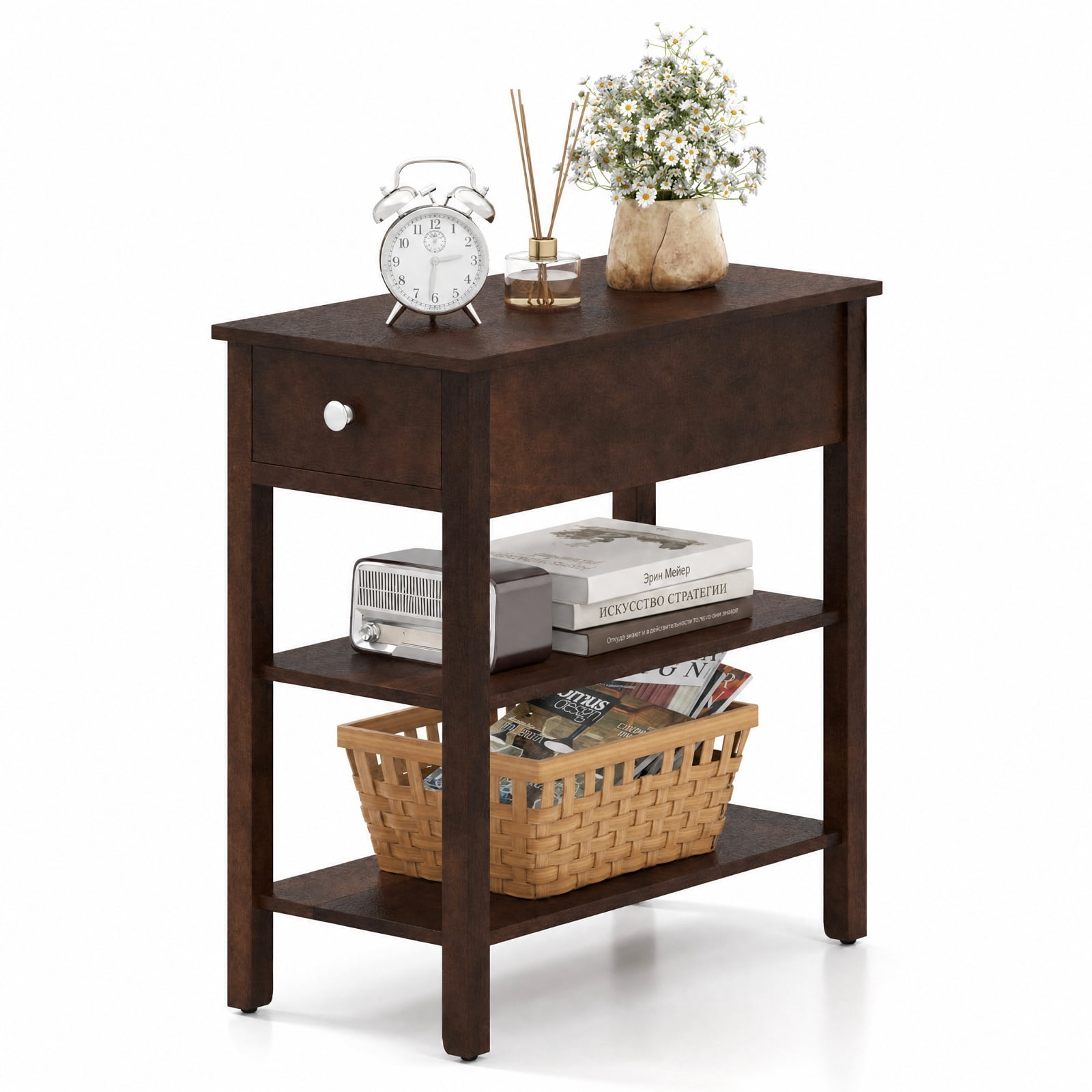 Furnibear 3 Tier Narrow End Table with Pull Out Drawer and Open Storage Shelves and Solid Rubber Wood Legs for Living Room and Bedroom, Walnut