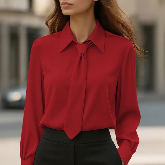 CQONEPT Women's Elegant Office Shirts Long Sleeve Dressy Loose Fit Button Down Lapel Blouse Business Casual Tops with Tie Red 2XL