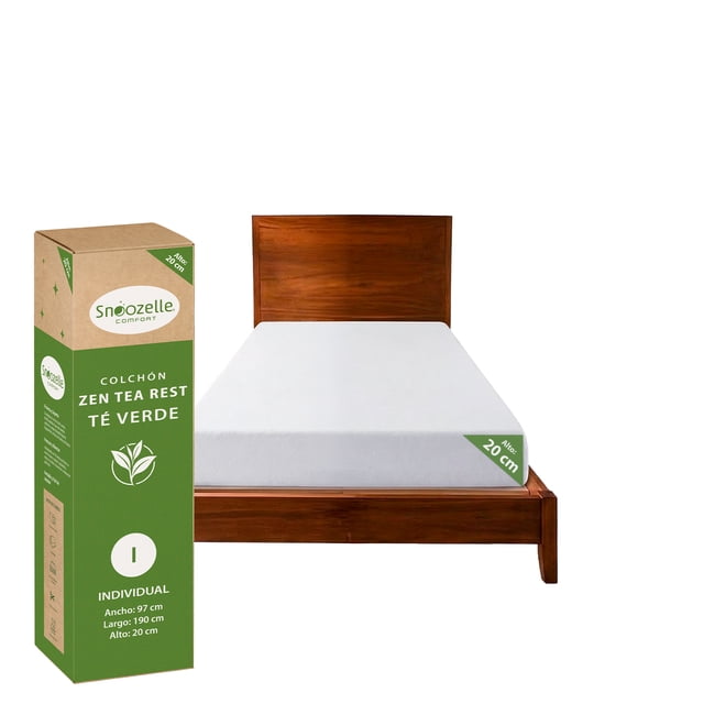 SNOOZELLE COMFORT Colchón Individual Memory Foam de Té Verde en Caja, 20cm de Alto, Firmeza Media, Esencia Natural Relajante, Alivia Puntos de Presión, Funda Transpirable, Ayuda a conciliar el sueño