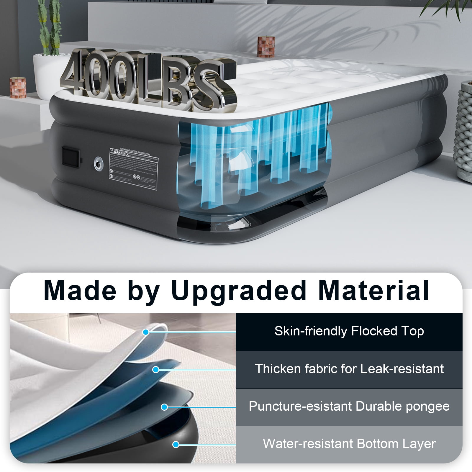 Twin Air Mattress with Built in Wireless Battery Pump,Thick Velvet Texture Waterproof,18”Self Inflatable Air Bed for Camping,Travel&Floor (Gray)