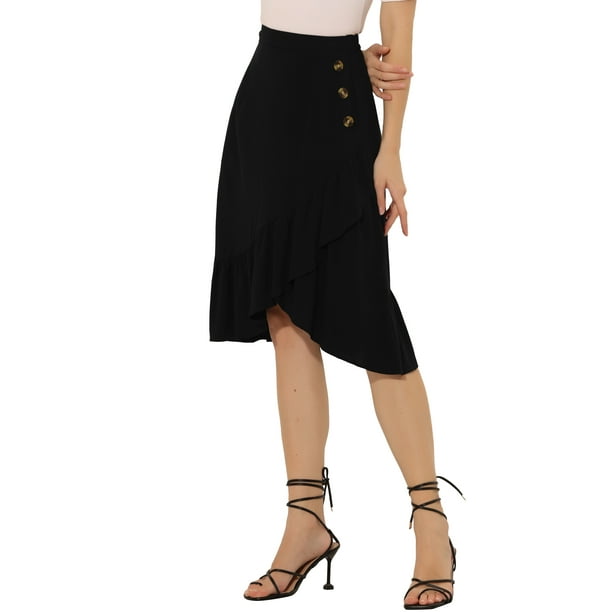 Falda asimétrica con dobladillo con volantes de color sólido y cintura alta con decoración de botones para mujer Negro XS