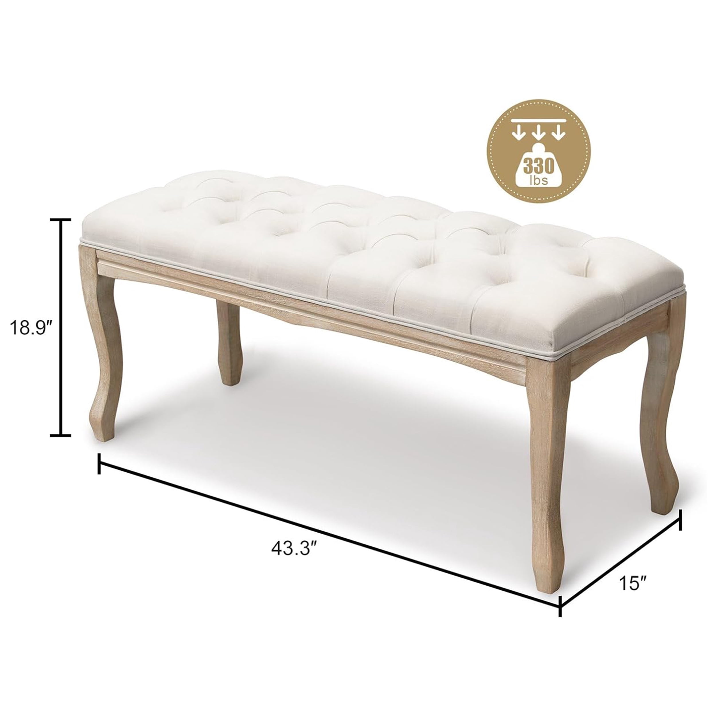 French Vintage Tufted Bedroom Bench with Carved Wood Legs, 43.3-Inch Linen Upholstered Entryway Ottoman for Living Room, Beige