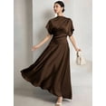 thumbnail image 6 of Coffee Brown Solid Color Round Neck Batwing Short Sleeve Pleated Maxi Dress For Women, 6 of 7