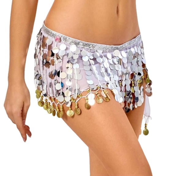 oqasdz Exquisite Belly Dance Scarf Chain with Sequins Fringe Elastic Waist Elegant Wrap Skirt for Performance Practice Stage Show
