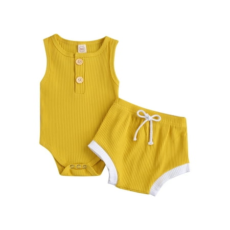 

Fanvereka Solid Color Baby s Ribbed Romper Suit Sleeveless Buttoned Round Neck Romper Elastic Head Shorts
