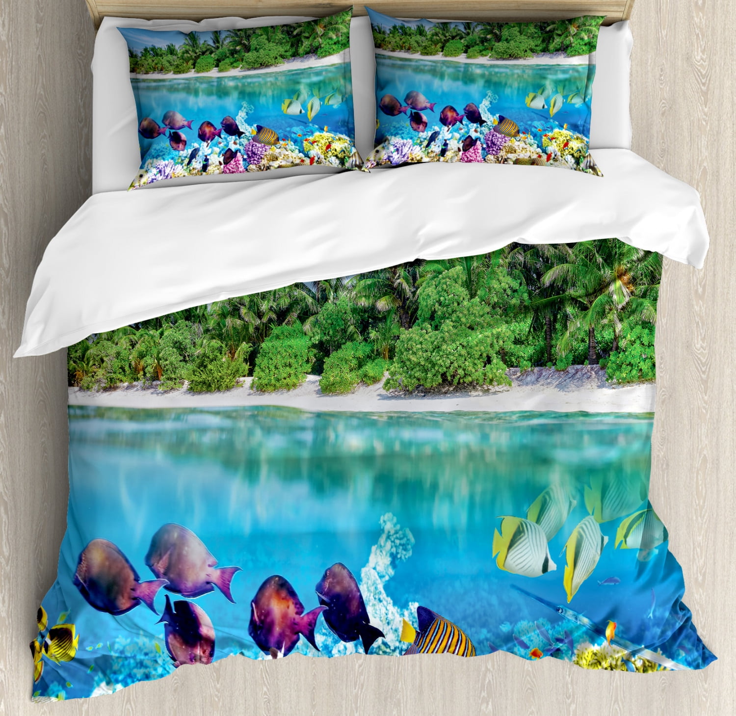 Tropical Island Underwater Queen Duvet Cover Set with Pillow Shams
