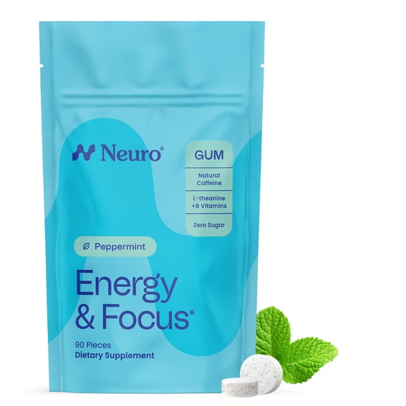 Neuro Energy & Focus Gum with Caffeine, L-Theanine, B Vitamins Peppermint 90 Count Bag