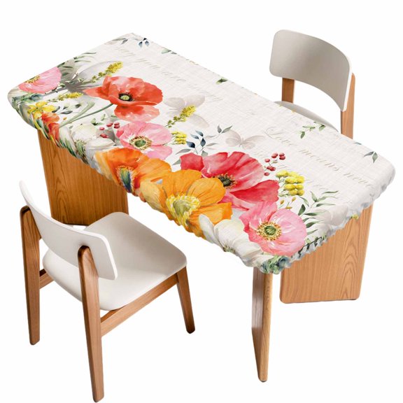 Pink Yellow Floral Table Cloths for 3 Foot Rectangle Tables, Spring Flowers Elegant Pastoral Leaves Patio Waterproof Elastic Fitted Tablecloths, Washable Rectangular Table Cover for Camping