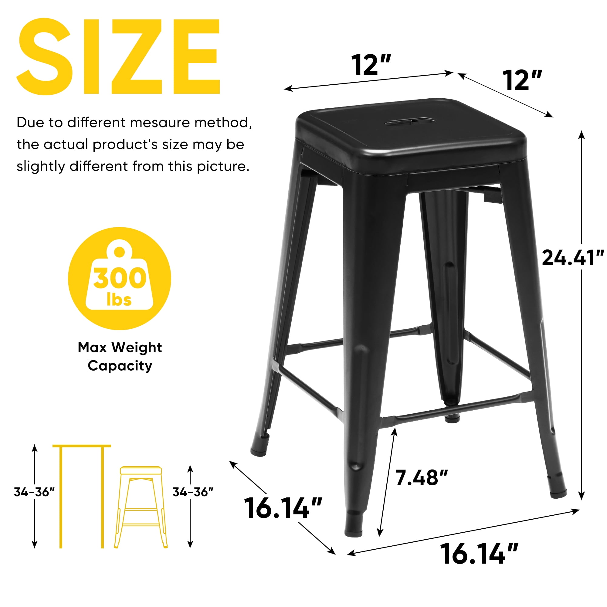Metal Bar Stools, 4-Pack, Backless Counter Height, Stackable
