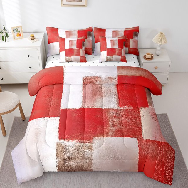 Erosebridal Chic Artwork Bed in a Bag Queen size, Abstract Geometry Bed Set, Old Fashion Reversible Comforter Sets, Breathable Room Decorative, 7 Pieces