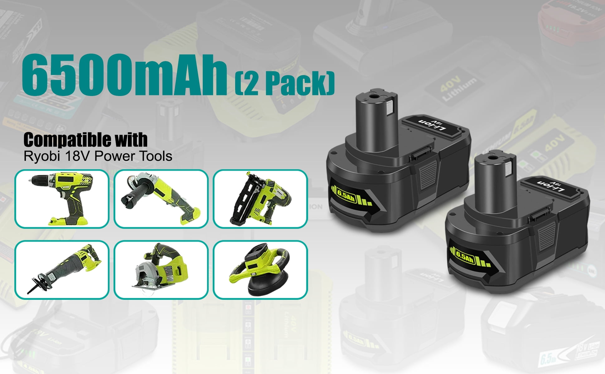 2 Pack 6.5Ah 18V Lithium Battery Replacement for Ryobi 18V 4.0Ah Battery PBP005 4 Ah P108 P192 P129 P197 PBP2005 PBP004 18V 6 Ah Battery P193 Compatible with Ryobi 18V ONE+ Battery