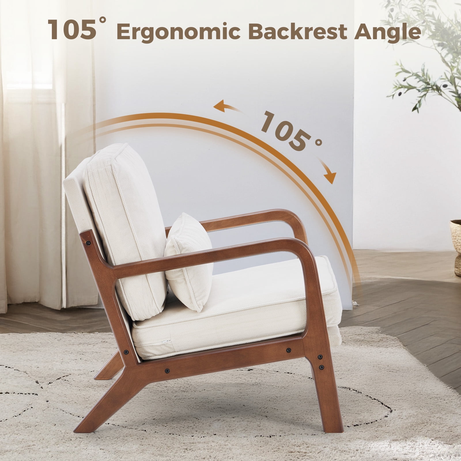 GIANNA Modern Accent Lounge Chair with Armrests and Cushion, Wooden Frame Reading Chair for Living Room or Bedroom, Beige