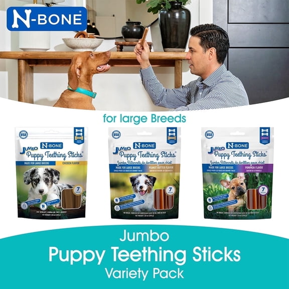 N-Bone Jumbo Puppy Teething Sticks Variety Pack, Dried Chew Sticks for Puppy Dogs, Chicken & Pumpkin & Peanut Butter Flavor, 3 bags, 21.84 orz, for Medium and Large Dogs