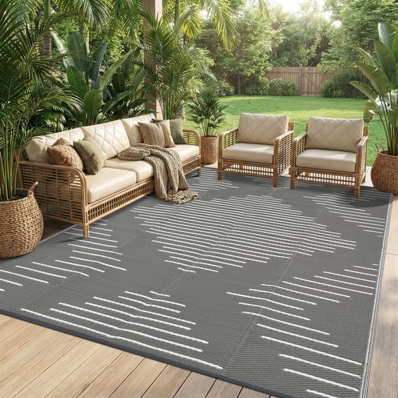 Tapis d'Extérieur – Tapis en Paille Plastique Imperméable 8 X 10 Pi – Réversible avec Sac de Transport et Piquets – pour Patio, Terrasse, Véranda et Cour Arrière – Gris et Blanc