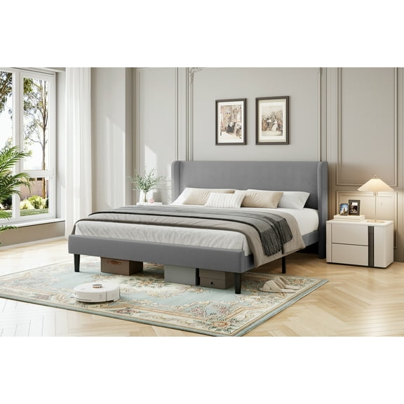Upholstered Platform Bed Frame with Wingback Headboard, Velvet Platform Bed with 2 Storage Pockets, Wood Slat Support, No Box Spring Needed