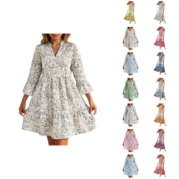 Floral Print A Line Dress With 3/4 Sleeves And Crew Neck For Casual Everyday Midi Dress With Flowy