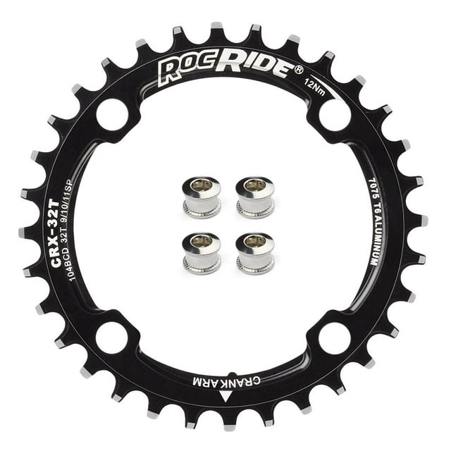 32T Narrow Wide Chainring 104 BCD Black Aluminum With 4 Steel Bolts By RocRide For 9/10/11 Speed.