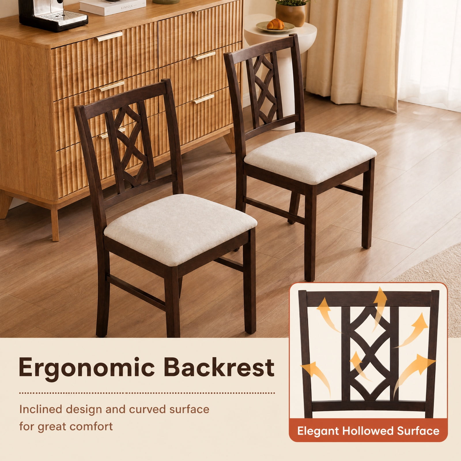 Furnibear Rubber Wood Dining Room Chairs Set of 2 with Hollowed Backrest and Padded Faux Linen Fabric Seat for Kitchen, Brown