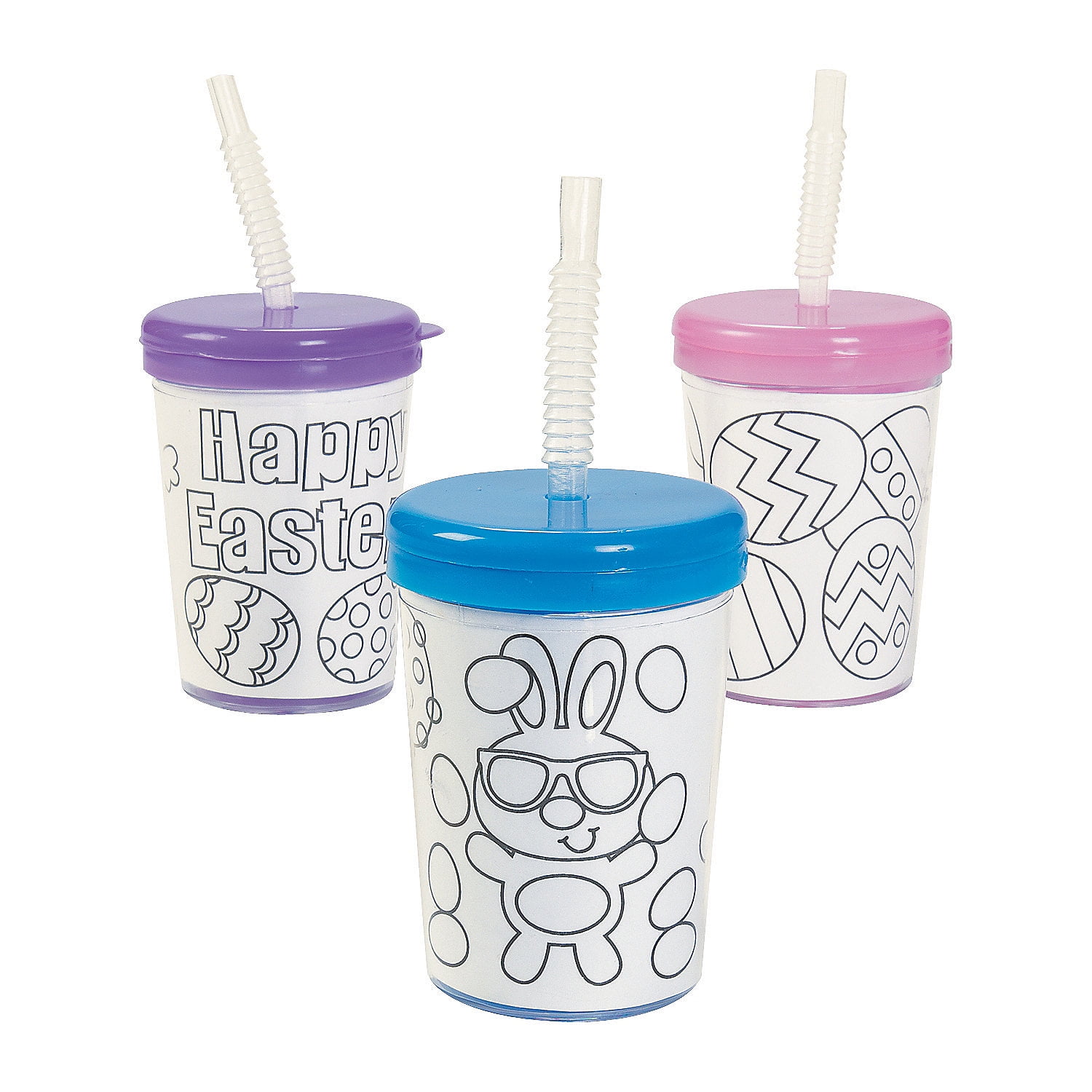 Color Your Own Easter Cups W/ Lids & Straws 1Dz Craft Kits 12 Pieces