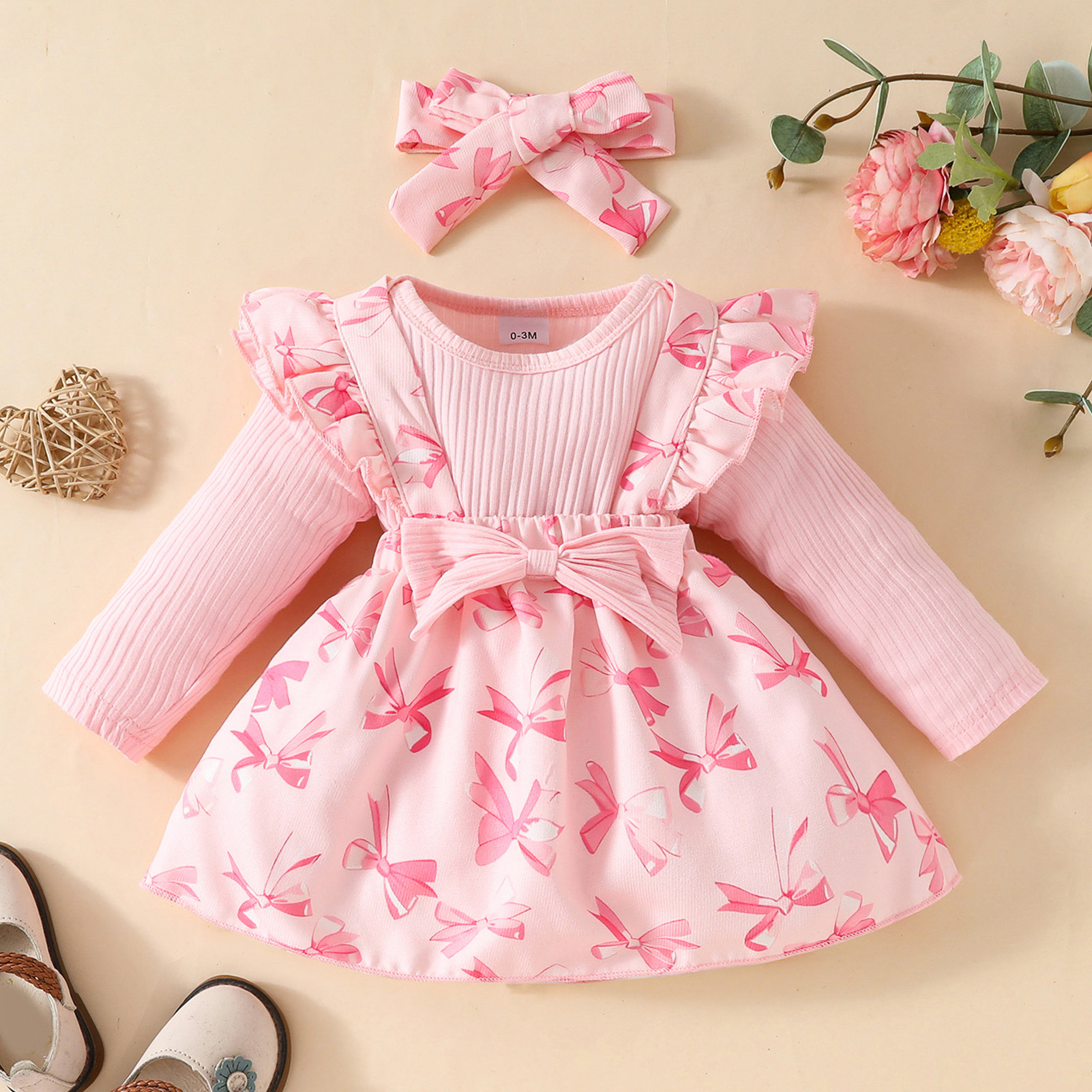 IWEMEK Newborn Baby Girl Clothes Ruffle Long Sleeve Romper Pink Bowknot Skirt 3 Pieces Fall Outfits Set Size 12-18M