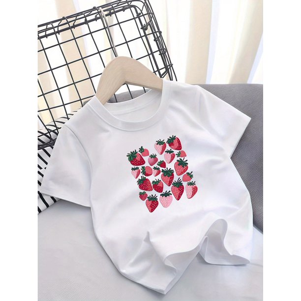1pc Girls' Cartoon Strawberry Print T-Shirt, Cotton Blend Crew Neck Short Sleeve Top, Casual Comfortable Summer Tee with Slight Stretch, Outdoor Activity Appropriate - Pink/Black/Purple
