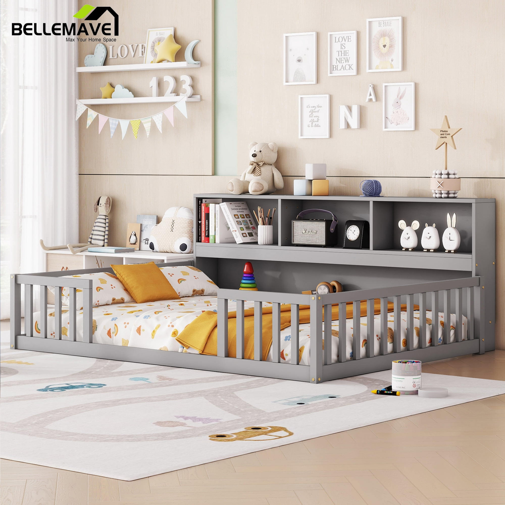 Bellemave Full Size Floor Bed Frame with Fence and Bookcase  Floor Bed Low Montessori Bed Frame with Storage Shelves (Full, Gray)