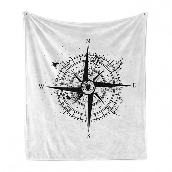Maritime Soft Flannel Fleece Blanket, Monochromatic Graphic of Grunge Splashes Compass Windrose Sign Print, Cozy Plush for Indoor and Outdoor Use, 50" x 60", Charcoal Grey and White, by Ambesonne