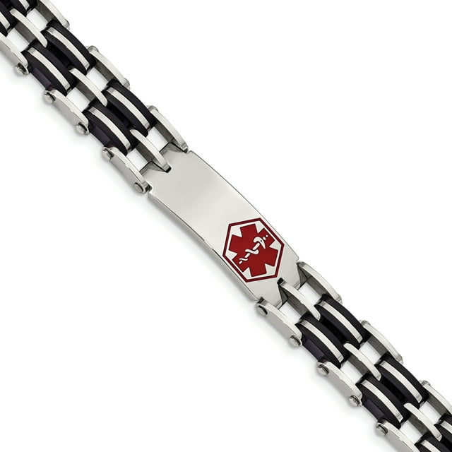 Stainless Steel Red Black Rubber Medical Alert Id 8.25 Inch Link Bracelet