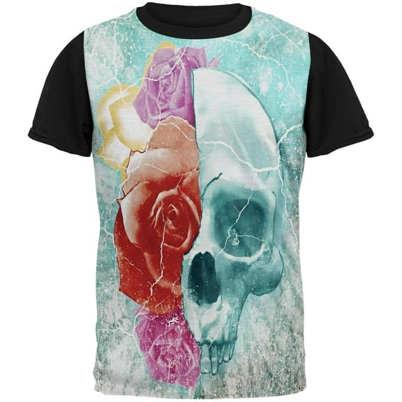 Halloween Distressed Skull and Flowers All Over Mens Black Back T Shirt Multi SM