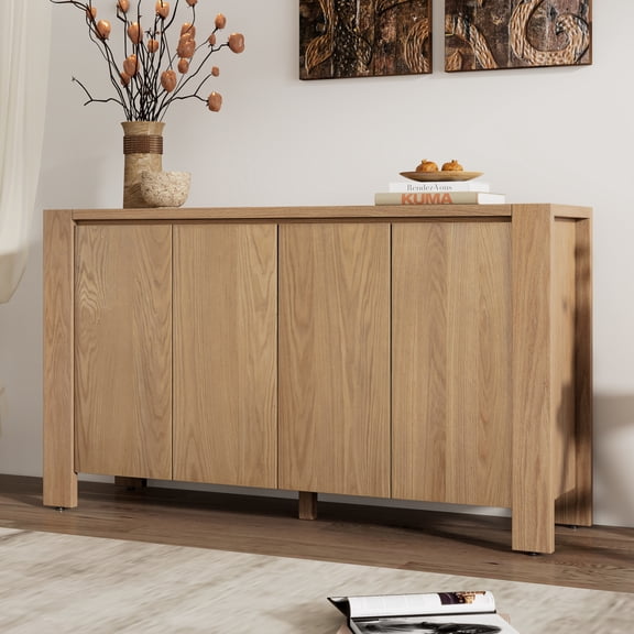 Buffet Cabinet with Storage, 4-Door Retro Wood Sideboard with Distressed Finish and Adjustable Shelves for Dining Room, Kitchen, and Living Room (Navy)
