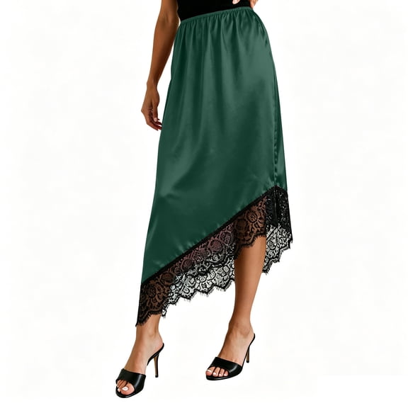 Shrysg Women's Casual Satin Midi Skirt with Elastic High Waist and Asymmetrical Hem for Daily Wear Army Green