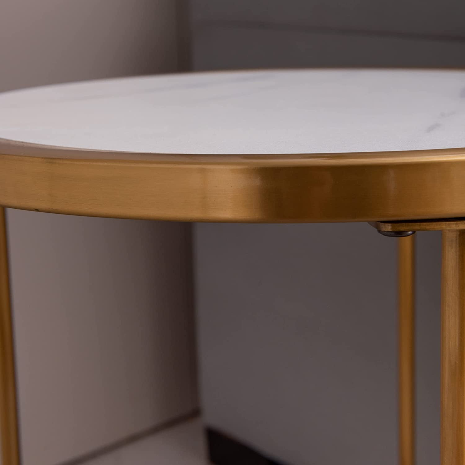 Sintered Stone Tabletop 15.7" Round End Table Golden Stainless Steel Frame Accent Table for Living Room and Bedroom