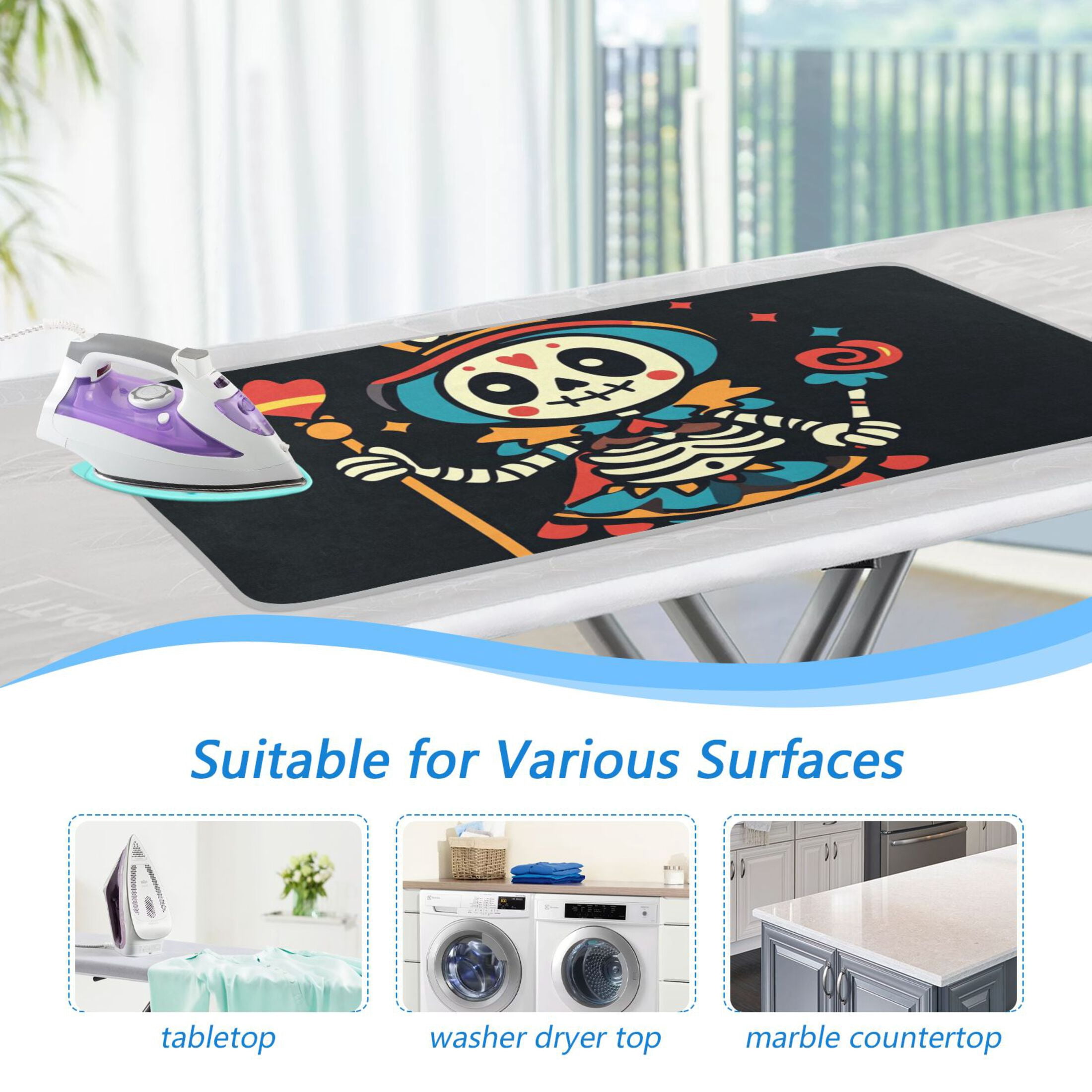 Cute Clown Skeleton Mardi-gras Halloween Ironing Mat Blanket Portable Travel Ironing Pad Heat Resistant Pad 47.2" x 27.6”