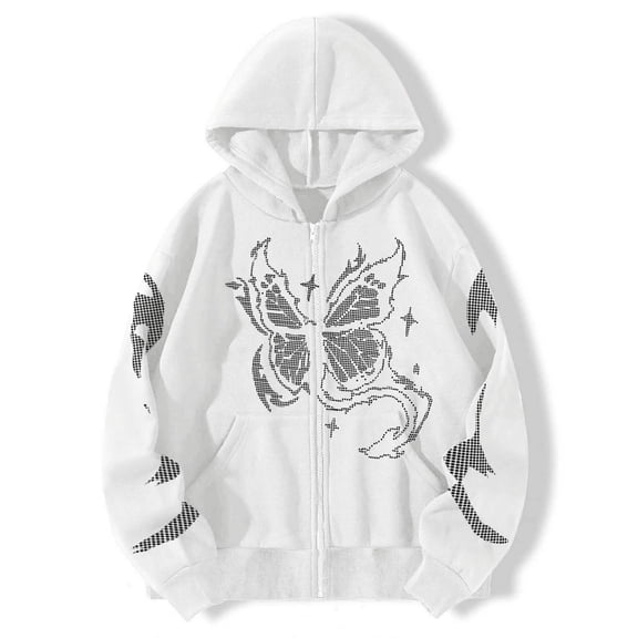 Women's Hoodies Sweatshirts Casual Print Long Sleeve Hooded Sweatshirt with Zip Up Thermal Hoodie for Everyday Wear White S
