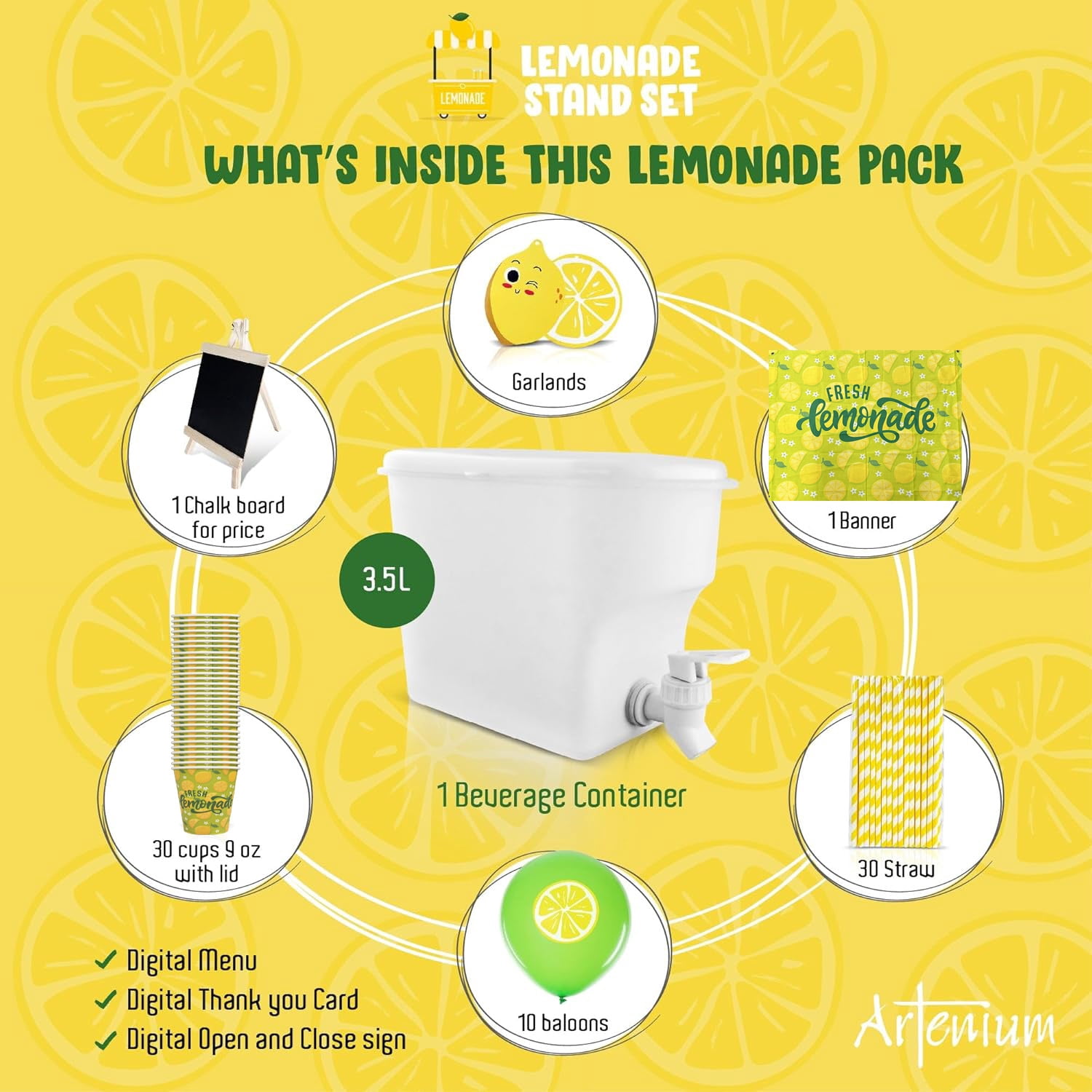 Green Fresh Lemonade Stand Supplies, Lemonade Stand Kit, Includes 3.5L Drink Dispenser, Lemonade Cups, Paper Straws, Garland, Latex Balloons, Board, Fresh Lemonade Banner (Stand NOT Included)