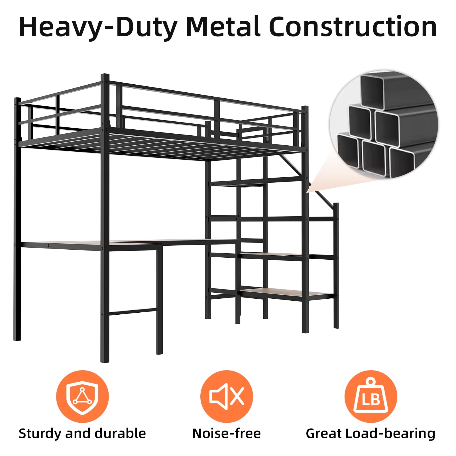 Alvantor Loft Bed Twin Size with L-shaped Desk, Metal Bed Frame with stairs for Kids/Teens, No Box Spring Needed Black
