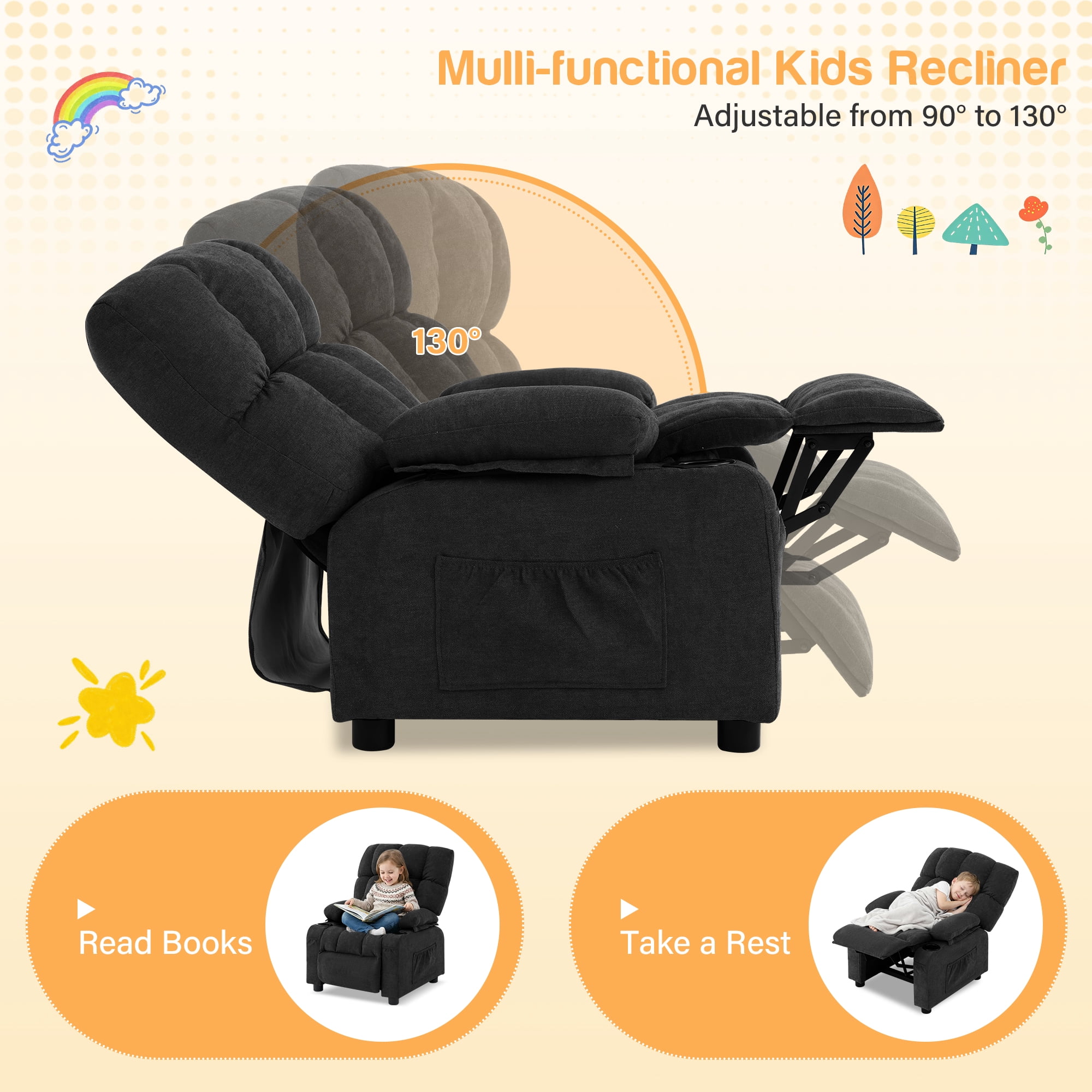 JONPONY Kids Recliner Chair,Push Back Toddler Recliner with Cup Holders & Side Pockets，Adjustable Footrest & Headrest Kids Sofa for Boys Girls 3+ Age Group，Children's Bedroom Furniture，Black