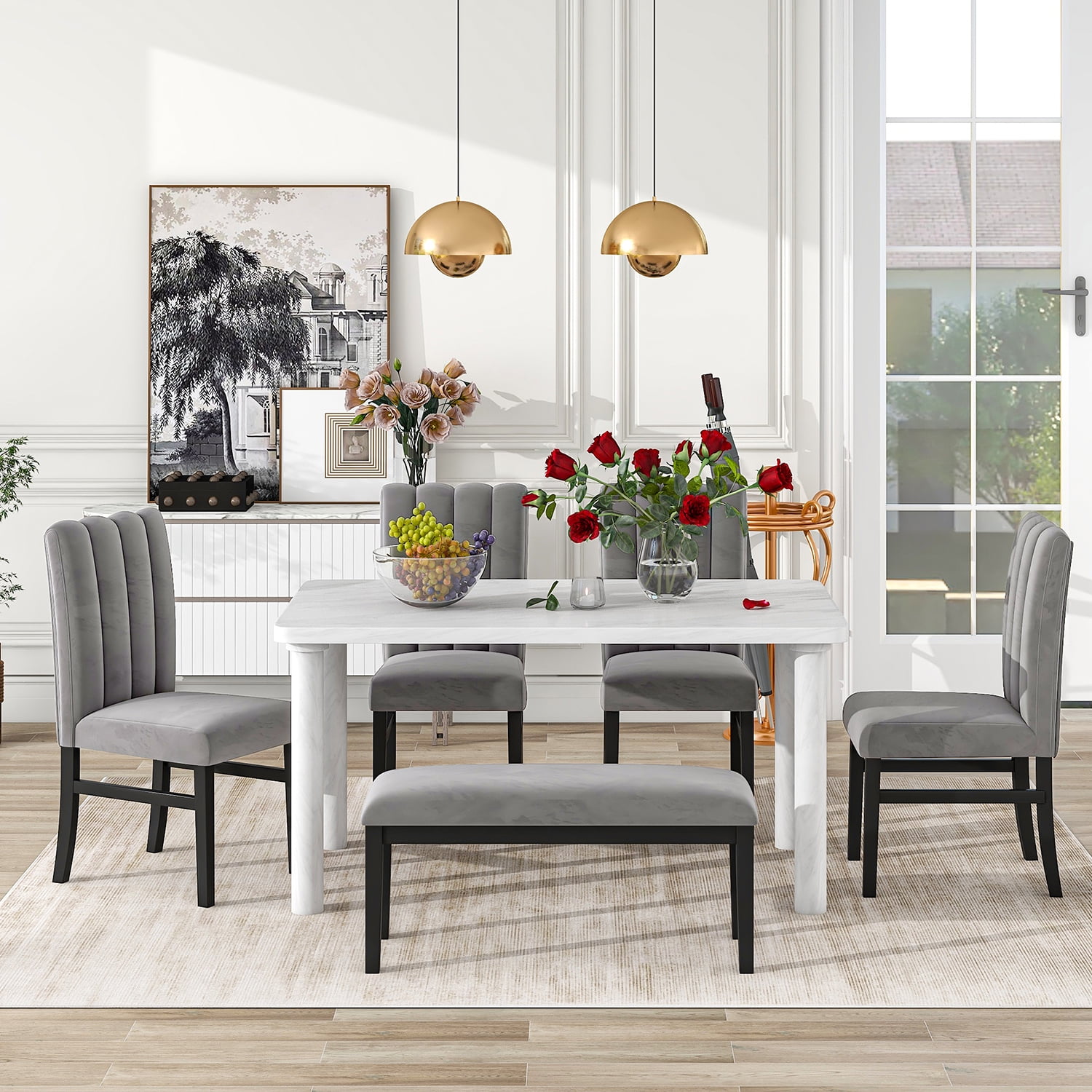 Churanty Dining Table Set for 6 with Marble Top Table and 4 Upholstered