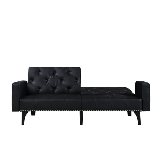 Modern Tufted Bonded Leather Sleeper Futon Sofa With Nailhead Trim In White Black