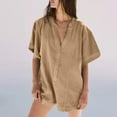 thumbnail image 2 of ABATAB Summer Rompers for Women Trendy Casual Loose Fit Short Sleeves Jumpsuits with Button Beach Vacation V Neck Short Outfits(Small,Khaki 1), 2 of 7