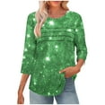 thumbnail image 4 of JTZGDY Women's 3/4 Length Sleeve Tops Dressy Casual Ruched Pleated Blouses Cute Floral Printed Crewneck Graphic T-Shirts Loose Curved Hem Tunic Fall Outfit Tshirts Clothes Army Green#01 XL, 4 of 7