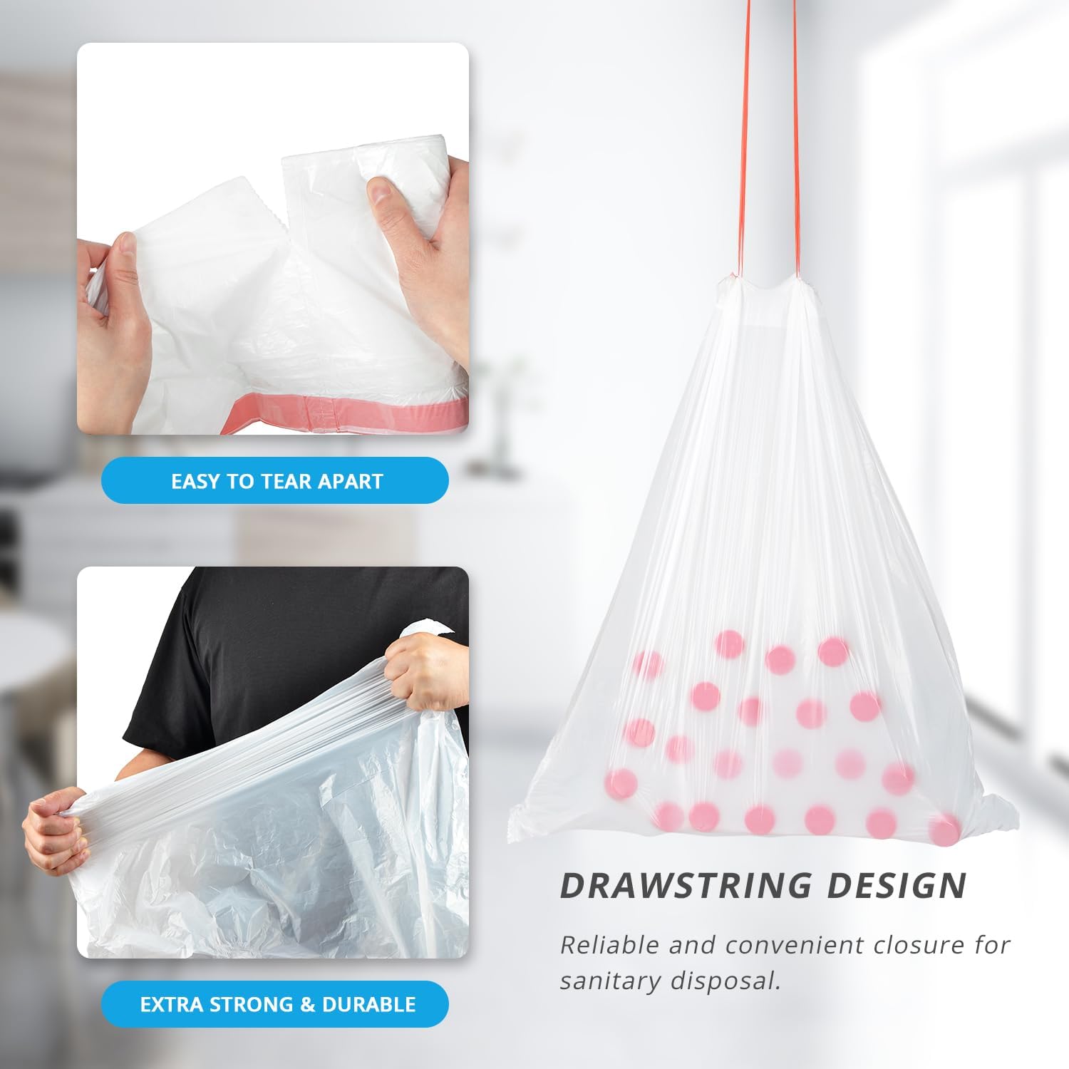 Ultra Thick Drawstring Trash Bags, Heavy Duty Large Plastic Garbage Bag, Leak Proof Trash Can Liners for Kitchen Home Office Lawn Outdoor, White
