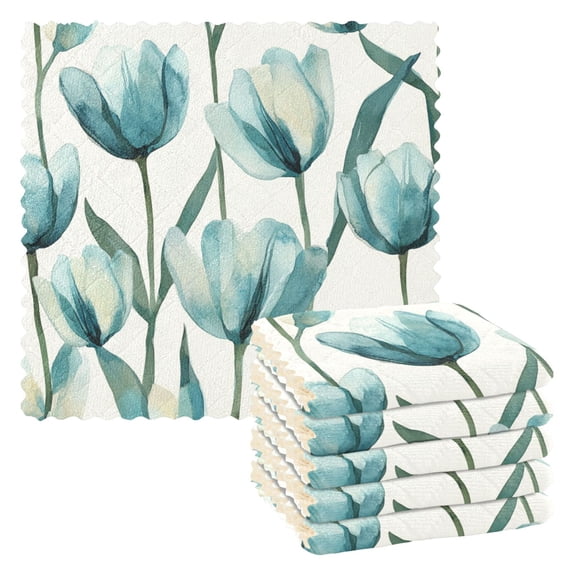 6 Pieces of Kitchen Towels 11x11Inch Kitchen Dish Cloths Kitchen Dish Towels Reuseable Cleaning Cloths Beautiful Green Tulips