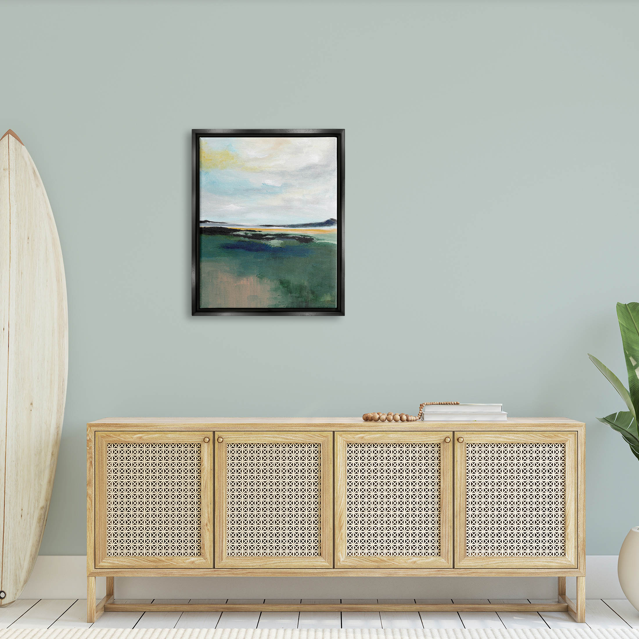 Stupell Industries Modern Cloudy Distant Beach Shore Painting Jet Black Floating Framed Canvas Print Wall Art, Design by Nikita Jariwala